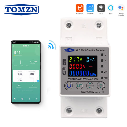 TOMZN 63A (WIFI & Non-WIFI) Smart Switch TUYA Energy Meter Kwh Metering Circuit Breaker Timer with voltage current and leakage protection